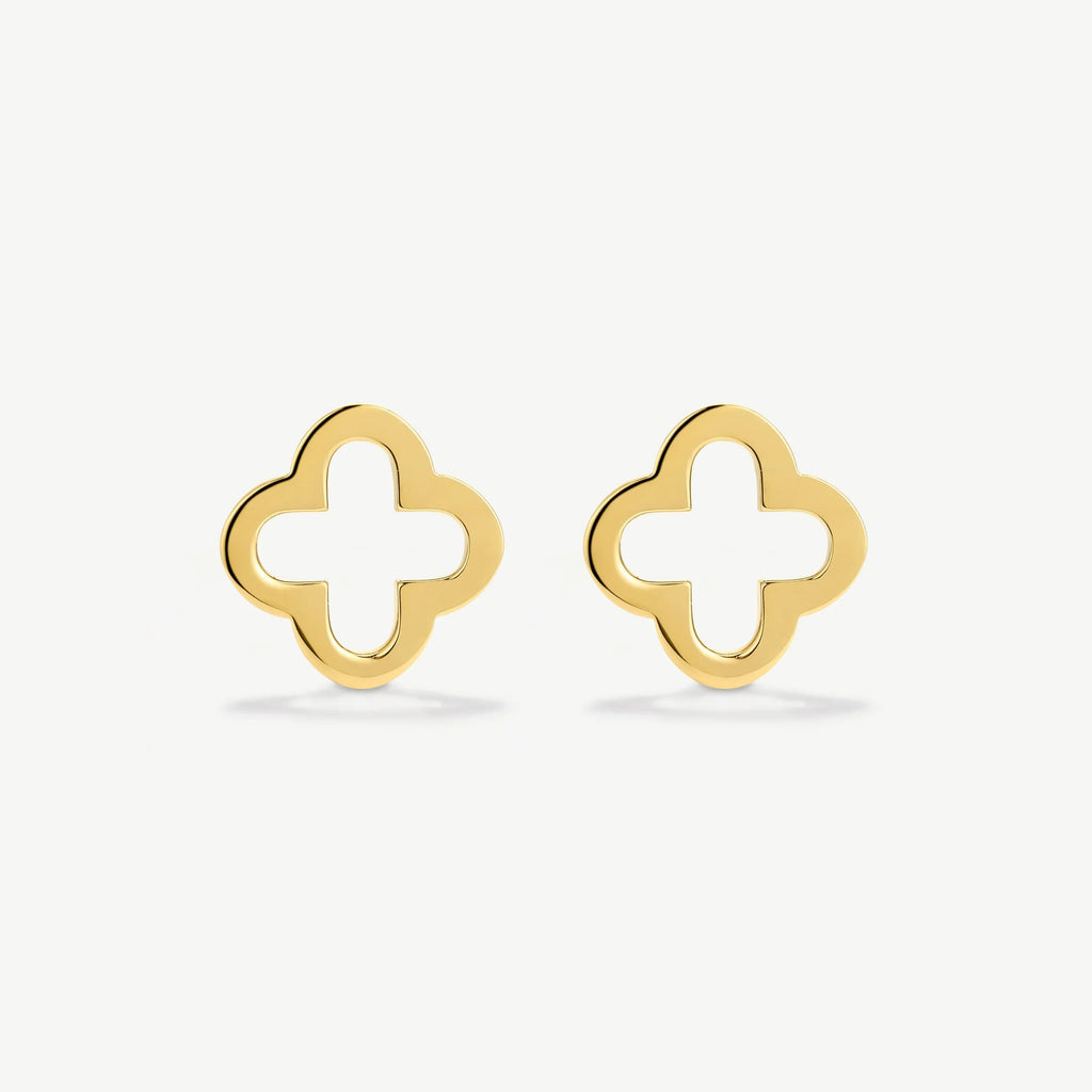 Pair of gold-tone open quatrefoil stud earrings on white background