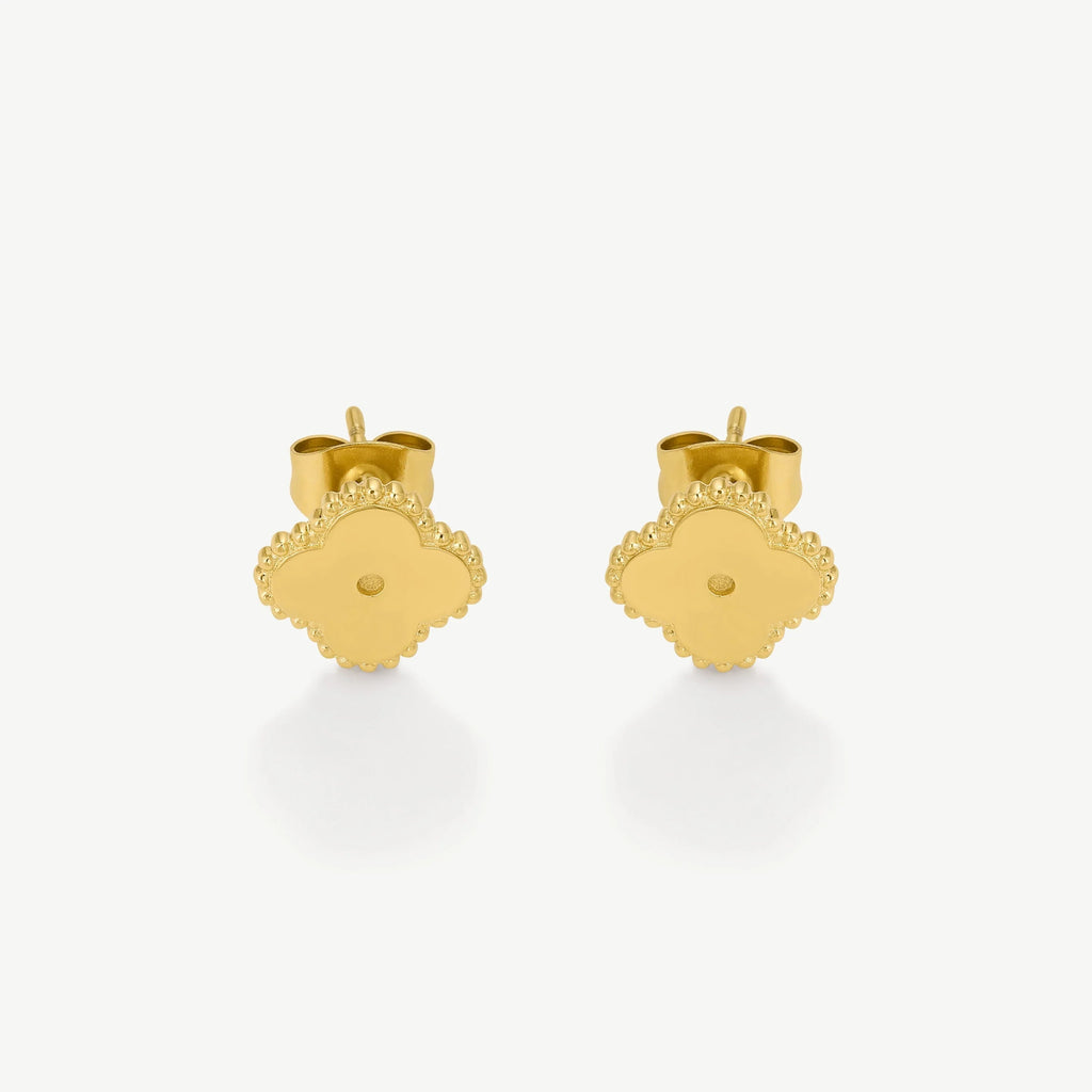 Pair of gold stud earrings with clover-shaped design and beaded edges
