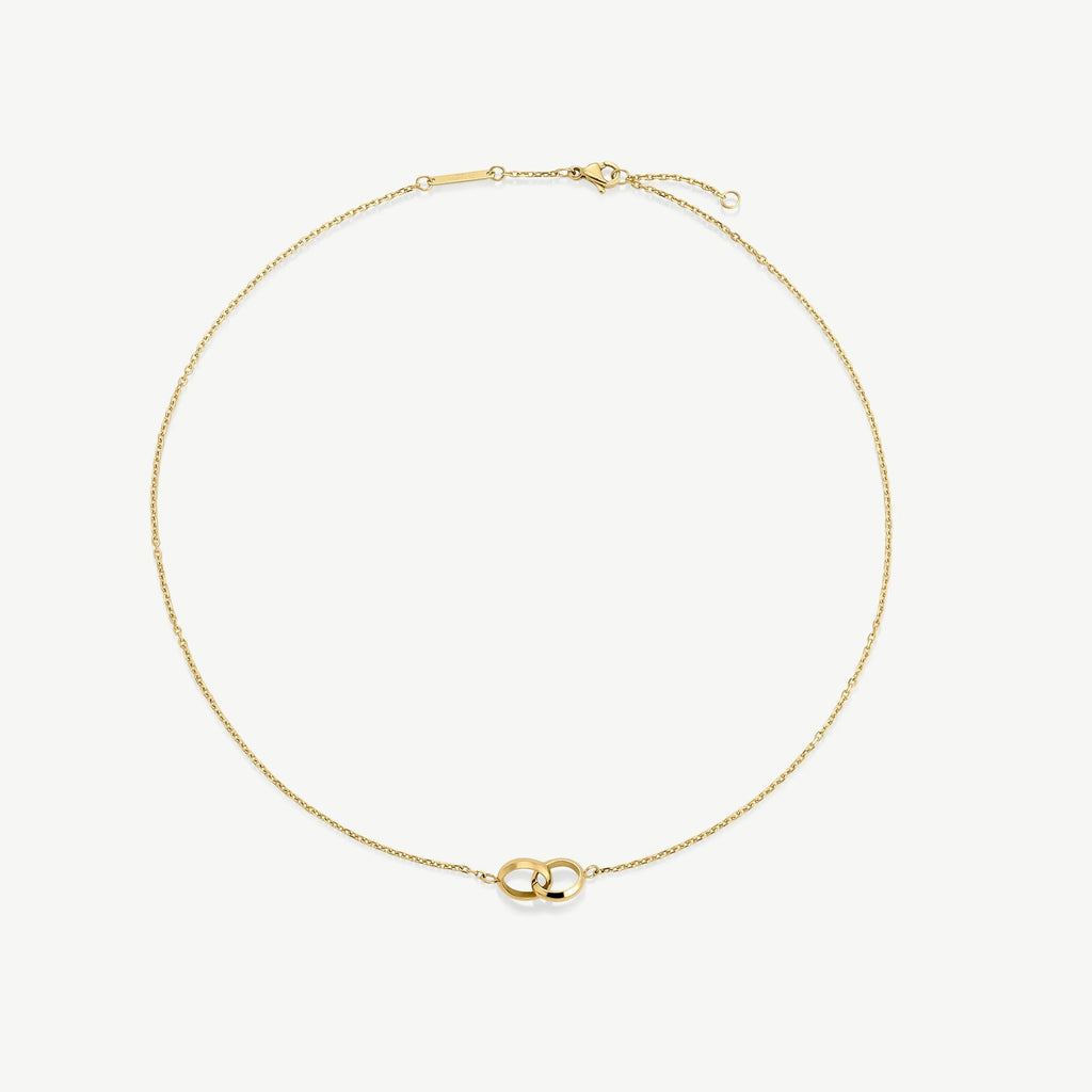 Delicate gold chain necklace with two interlocking circular pendants on white background