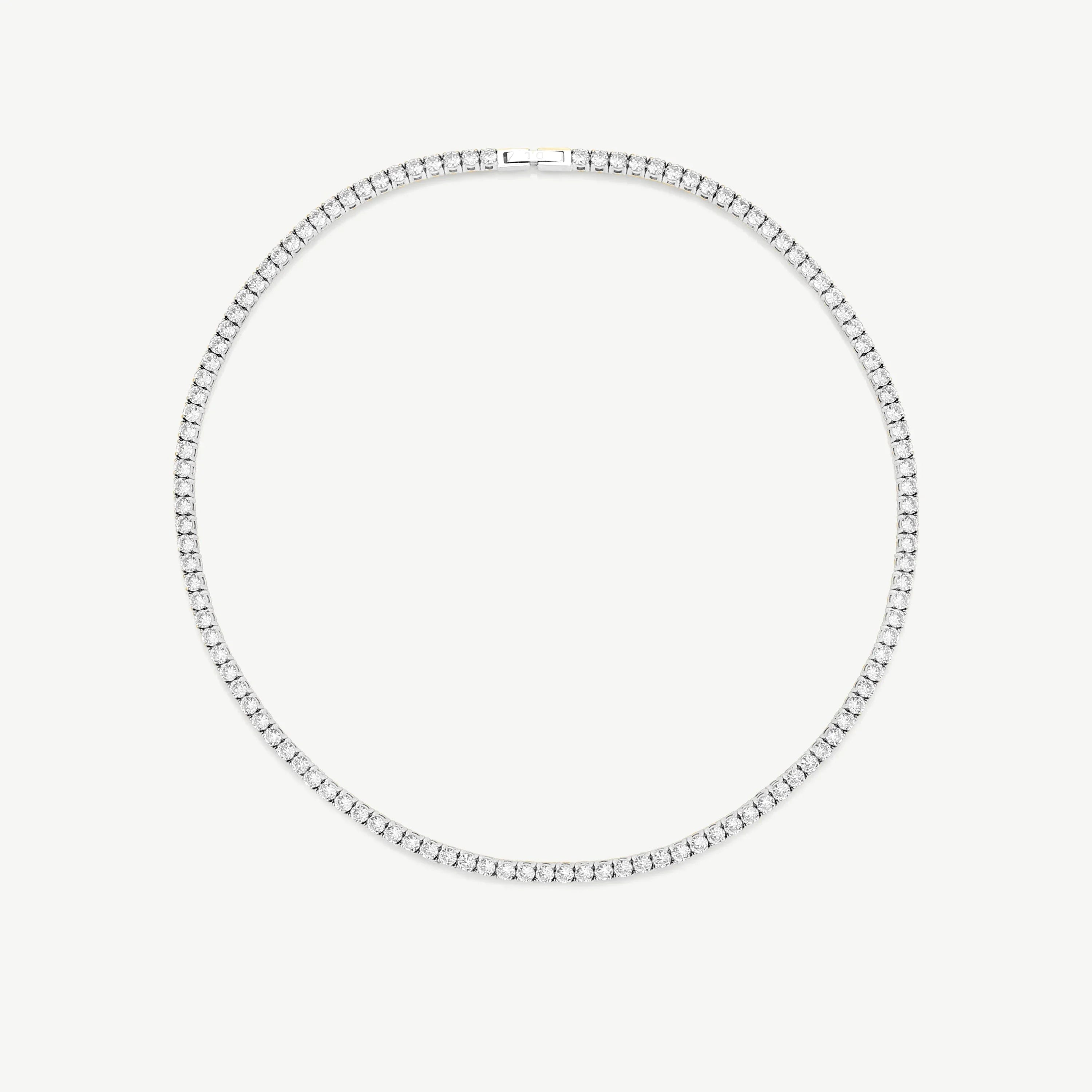 Elegant diamond tennis necklace with round-cut stones on white background