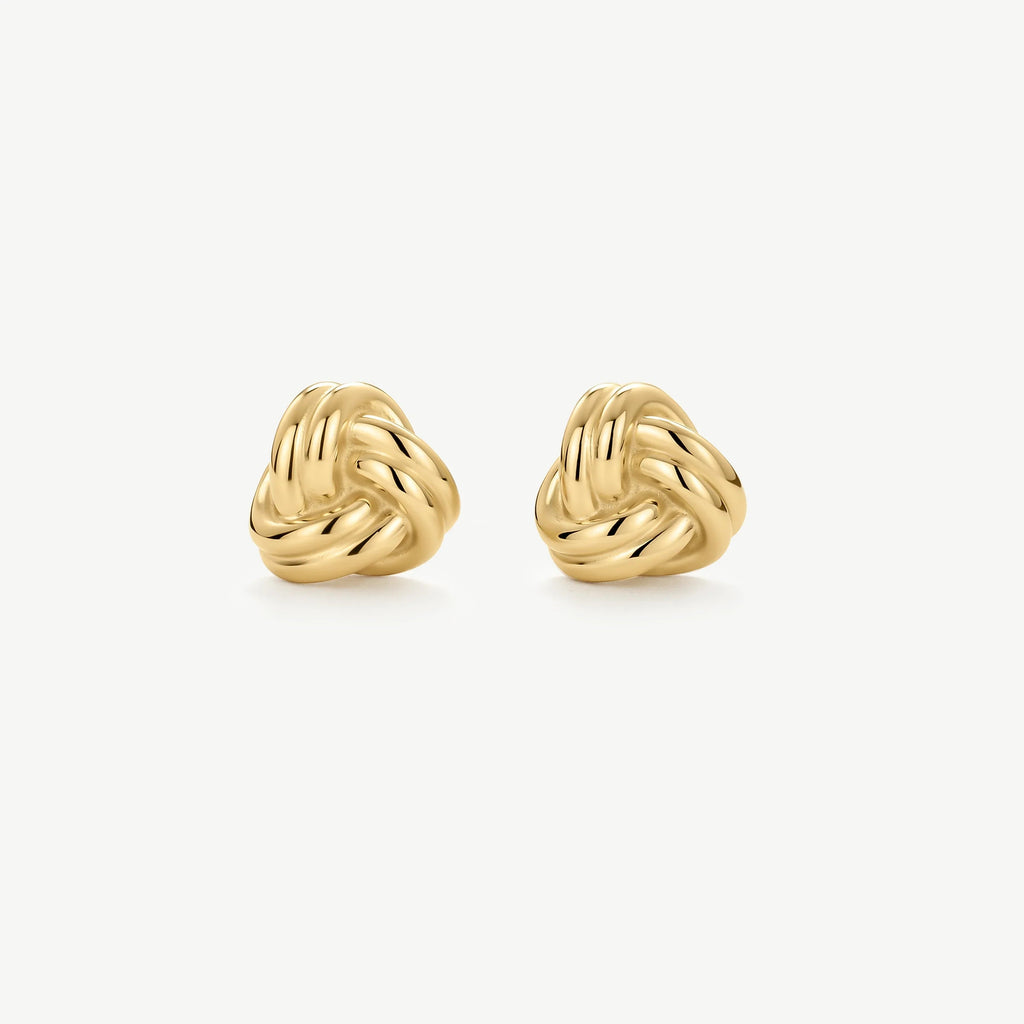 Pair of shiny gold knot stud earrings on white background, elegant jewelry accessory
