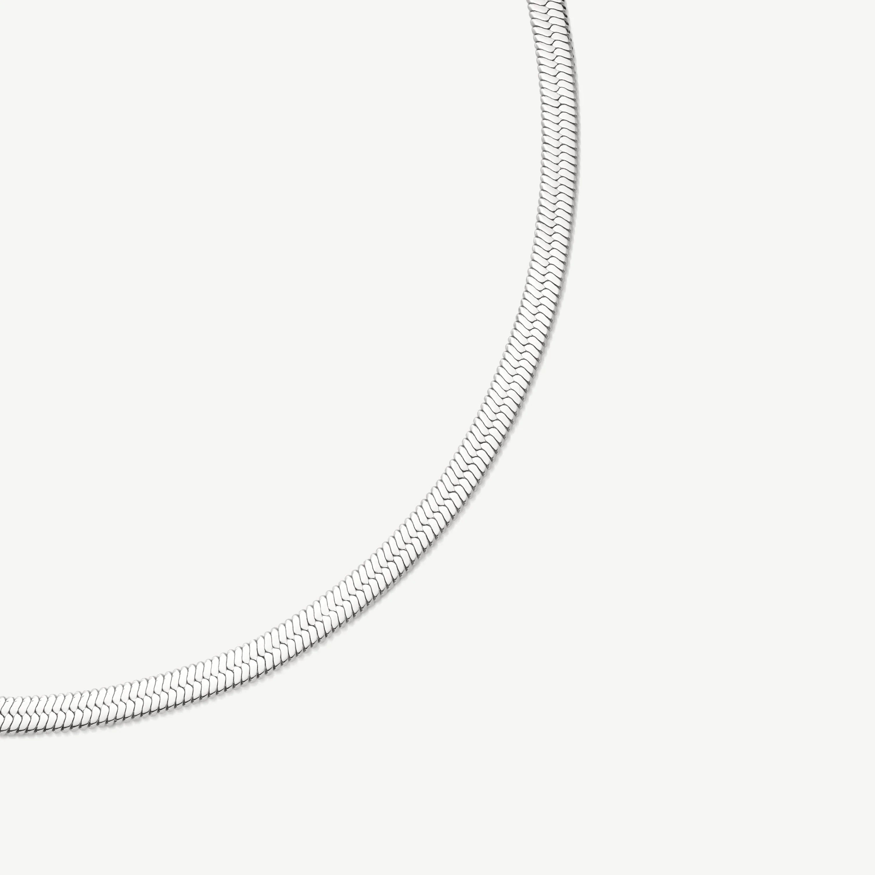 Close-up of silver herringbone chain necklace on white background